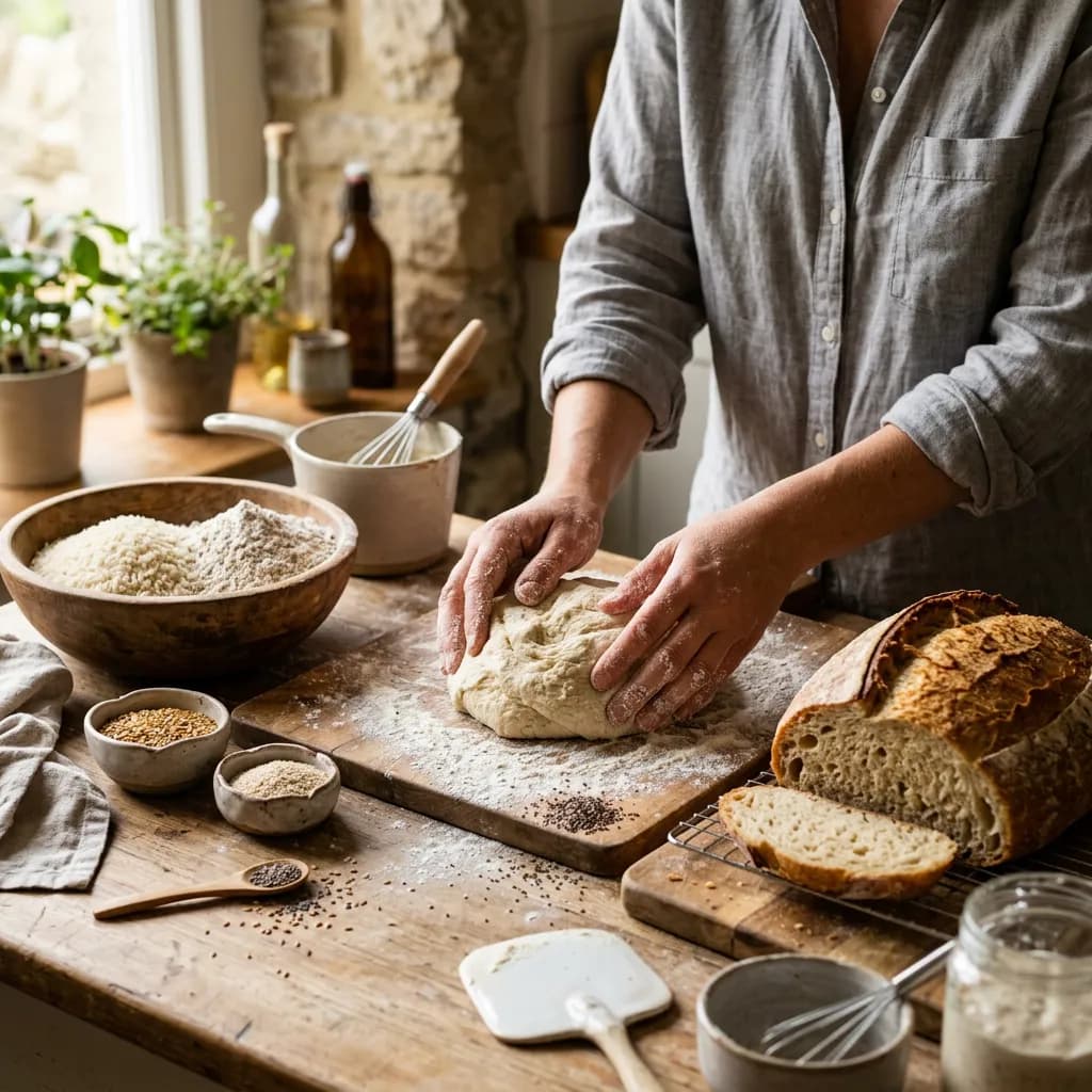 Hände bestäuben eine Holzfläche mit Mehl neben glutenfreien Backzutaten und einem frischen Brotlaib.