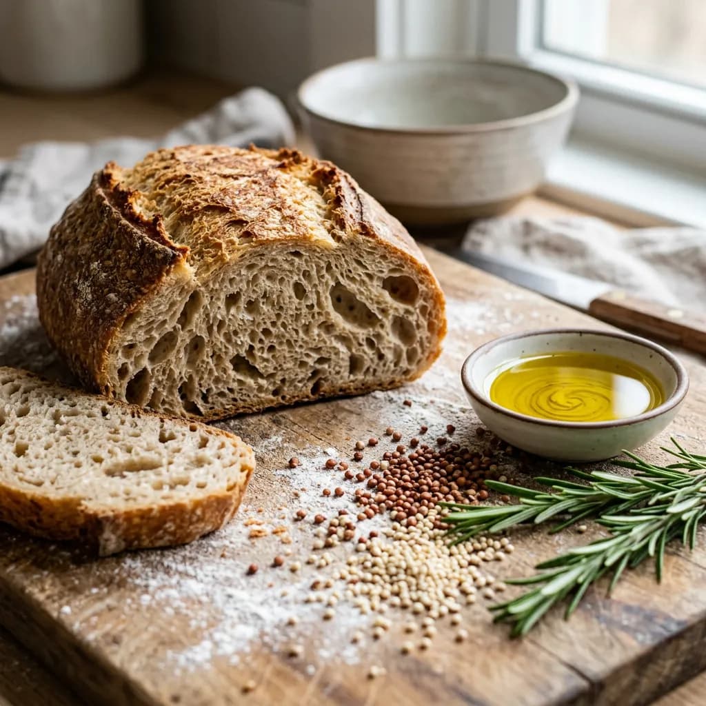 Aufgeschnittenes Brot auf Holzbrett mit Getreidekörnern, Rosmarinzweigen und einer Schale Olivenöl daneben.