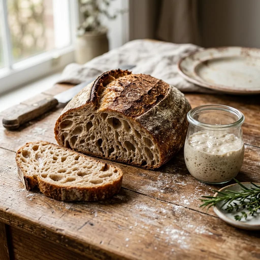 Aufgeschnittenes Sauerteigbrot neben einem Glas Sauerteig-Starter und Kräutern auf einem bemehlten Holztisch.