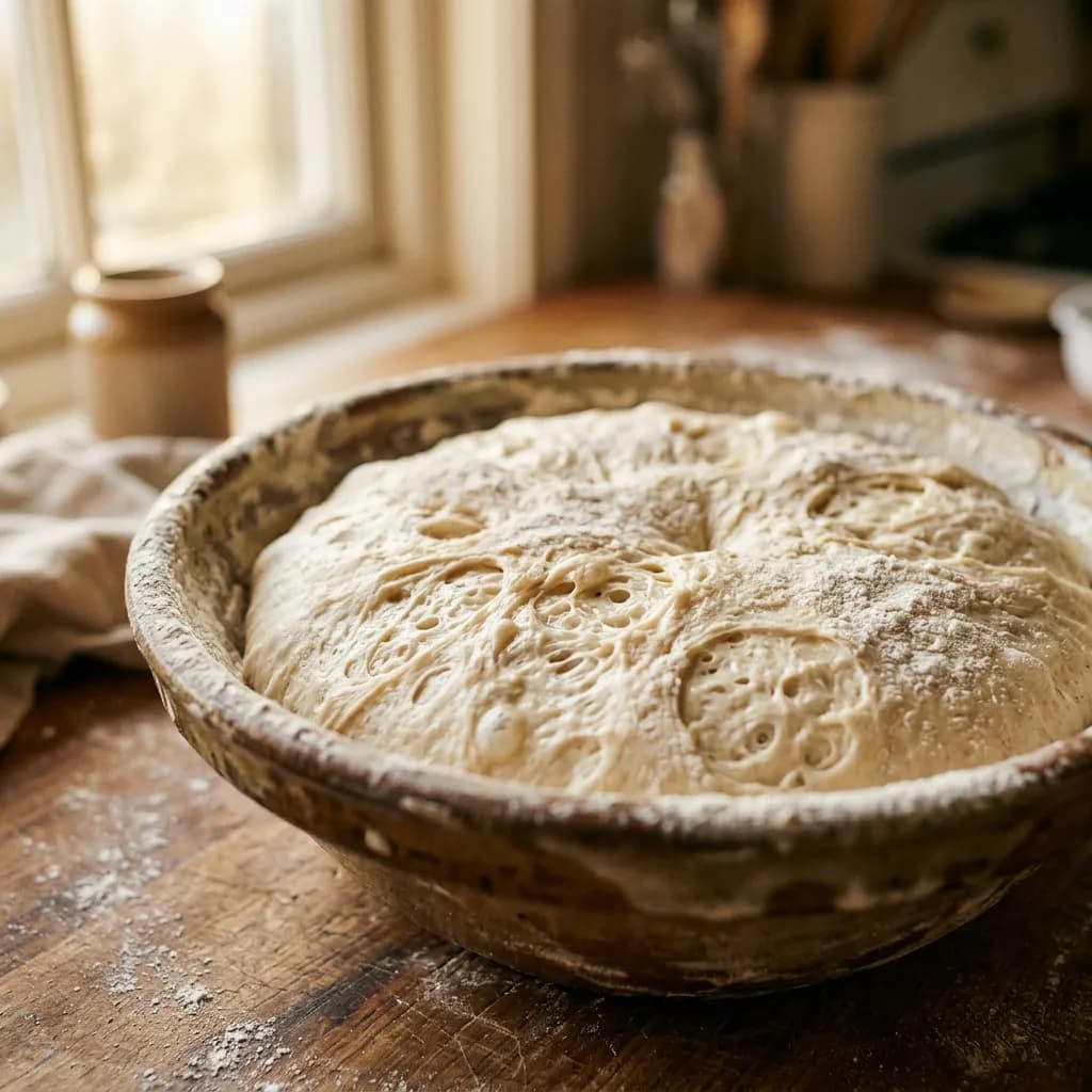 Gärender Sauerteig mit Luftblasen in einer Schüssel auf einer bemehlten Holzarbeitsplatte.