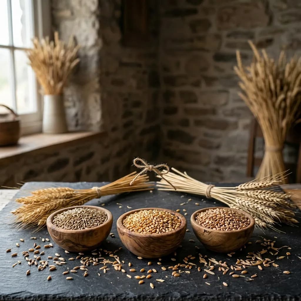 Getreideähren von Weizen, Roggen und Dinkel sowie Körner auf dunkler Schieferplatte mit Holzschalen.