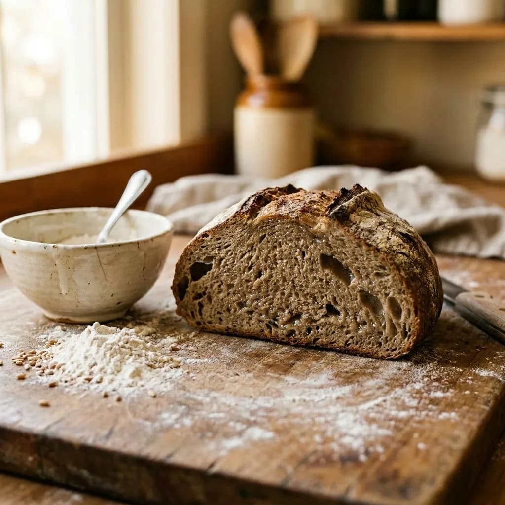Anschnitt eines flachen Sauerteigbrots mit klebrigem Inneren neben einer zerbrochenen Schüssel auf bemehlter Holzplatte.