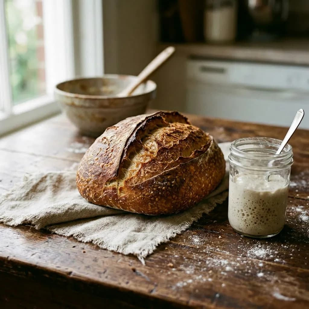 Frisches Sauerteigbrot, ein Glas mit Anstellgut und ein Leinentuch auf einem bemehlten Holztisch.