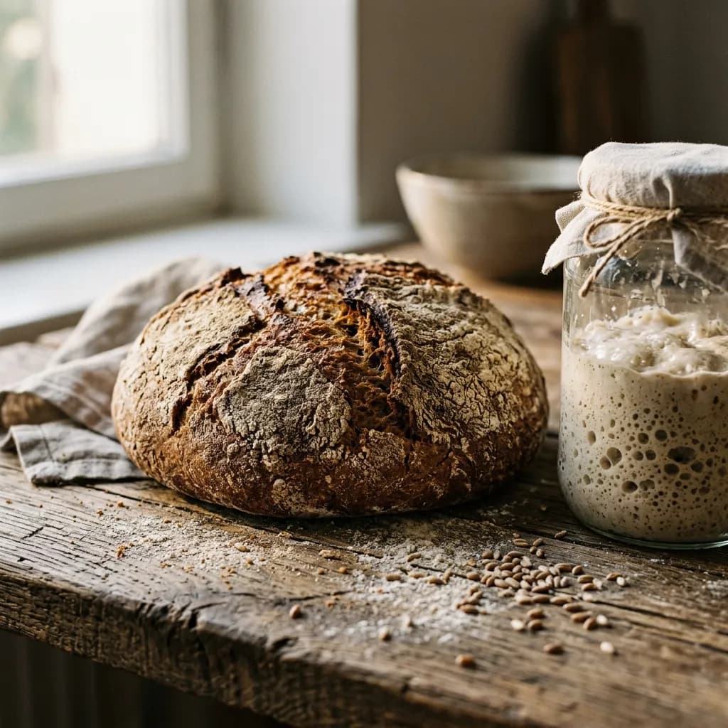 Rustikaler Laib Roggenbrot neben einem Glas mit aktivem Sauerteig auf einer bemehlten Holzoberfläche.
