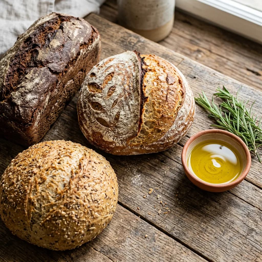 Verschiedene Brotsorten, eine Schale Olivenöl und Rosmarinzweige auf einem rustikalen Holztisch.