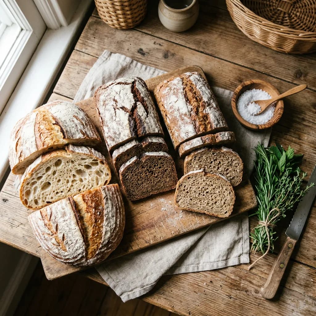 Verschiedene aufgeschnittene Brotsorten auf einem Holztisch neben Meersalz und frischen Kräutern.