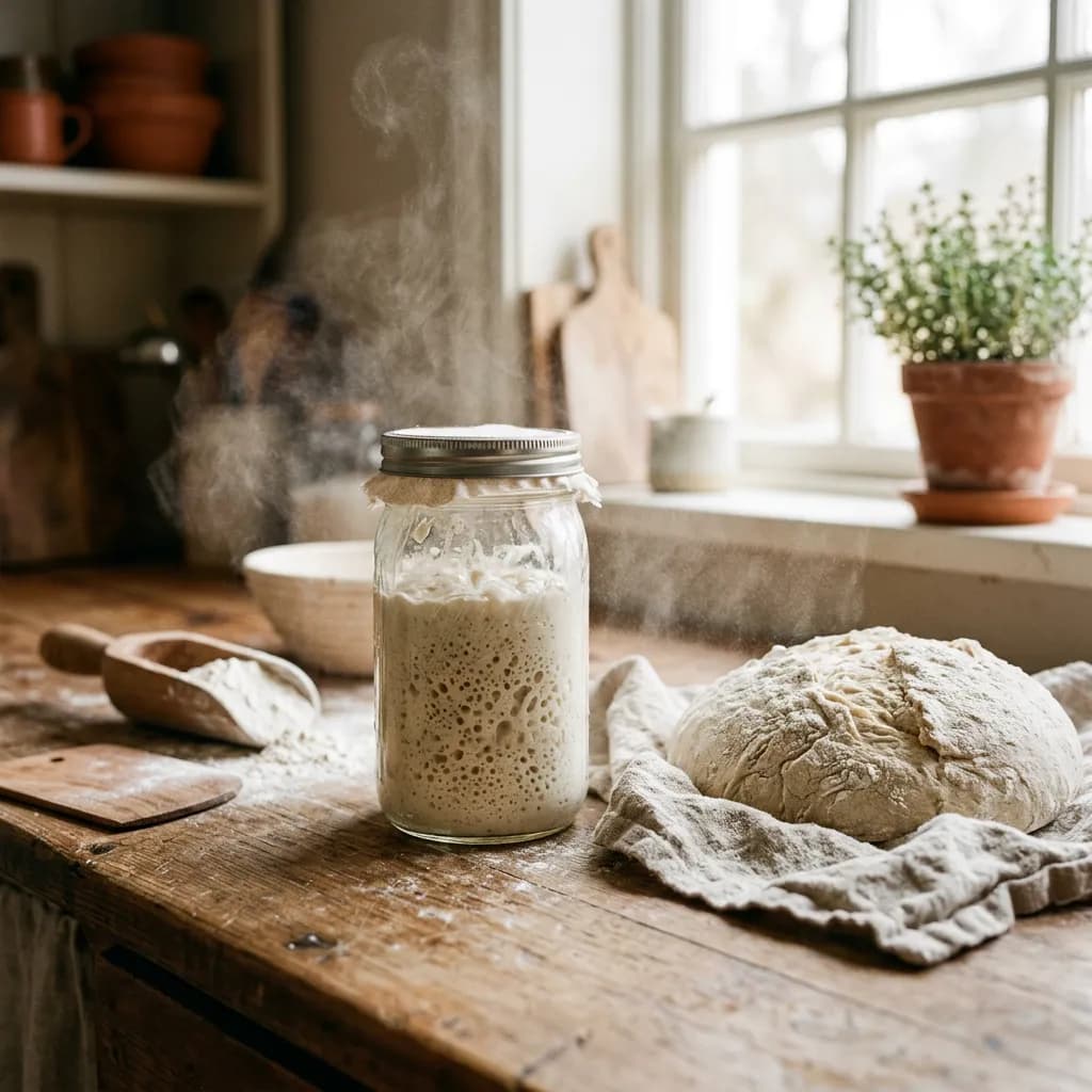 Sauerteigansatz im Glas neben einem bemehlten Teigling auf einer rustikalen Holzküche.