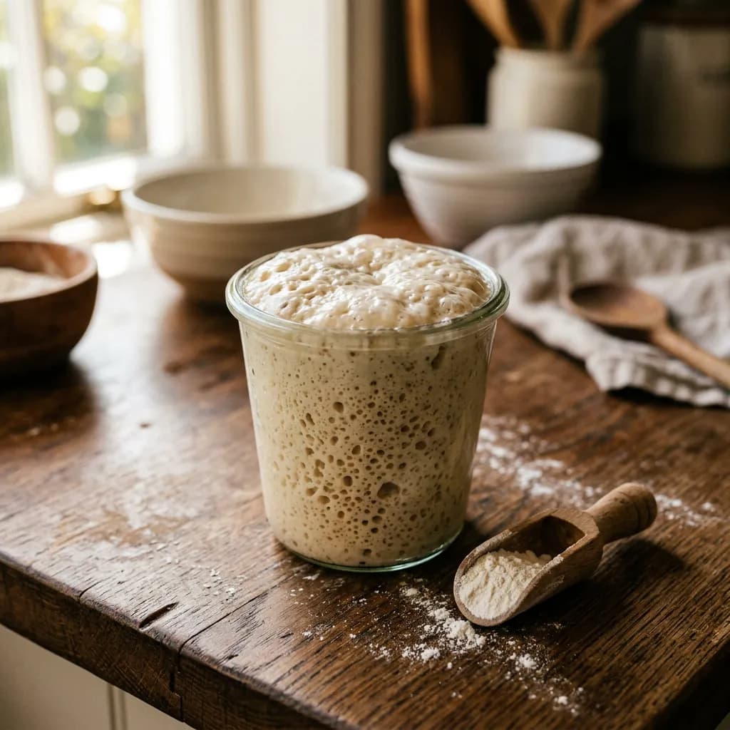 Glas mit sprudelndem Sauerteig, Holzschaufel und Mehl auf einer dunklen Holzarbeitsplatte in einer Küche.